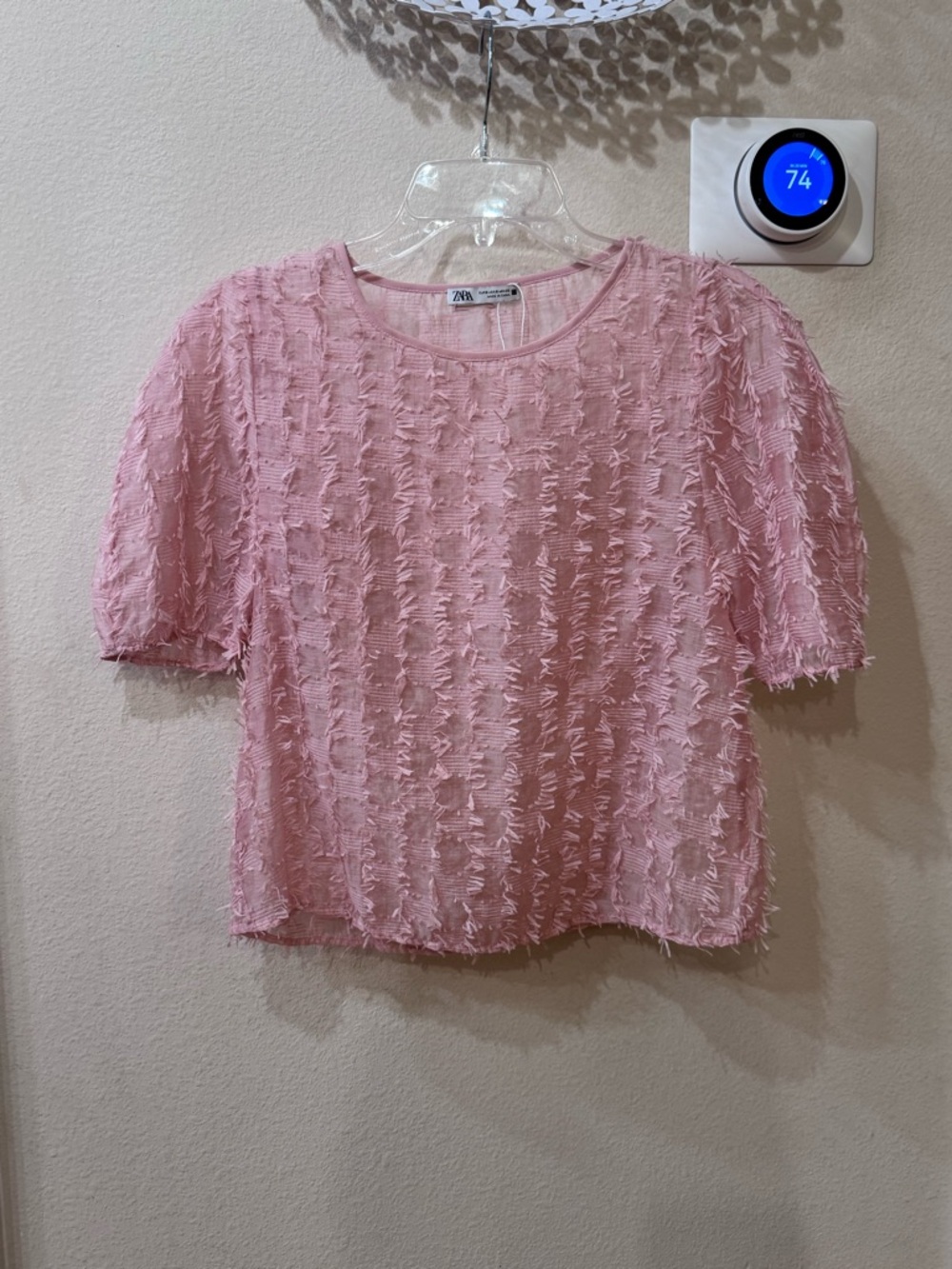 Zara Blush Pink Fringe Texture Crop Top Short Sleeve Boho Y2K Spring Size S